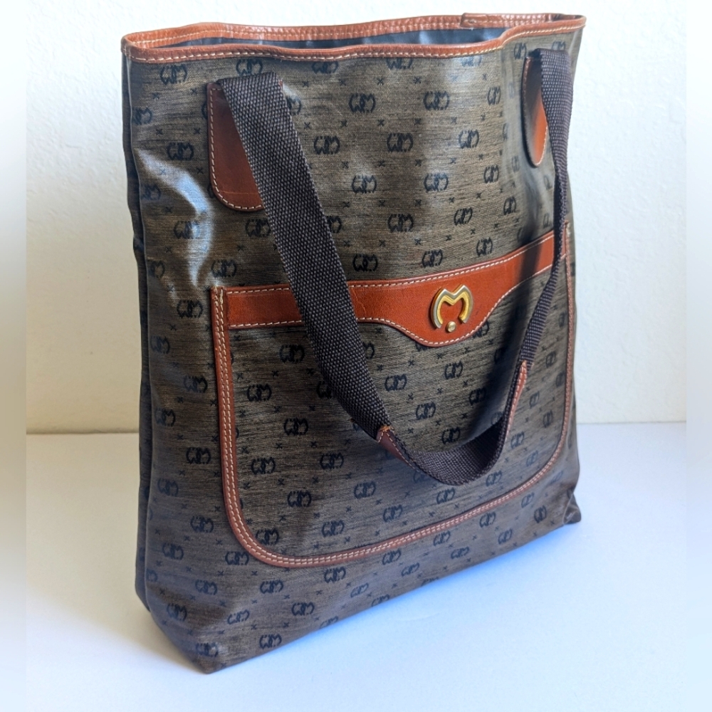 Mila Schon Vintage Coated Canvas Logo Mania Tote Shoulder Bag 14" 🦋